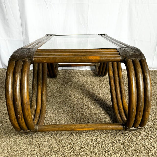 Boho Chic Rattan and Leather Weave Sculpted Coffee Table For Sale - Image 12 of 12