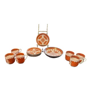 Vintage Japanese Tea Set With Decorative Bowl in Orange and Gold-Gilded Floral Pattern- 13 Pieces For Sale
