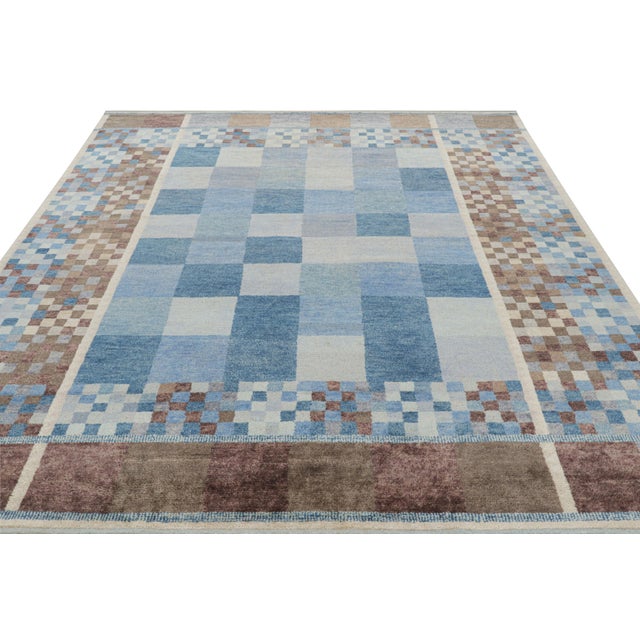 2010s Rug & Kilim’s Scandinavian Style Rug With Blue, White & Brown Geometric Patterns For Sale - Image 5 of 8