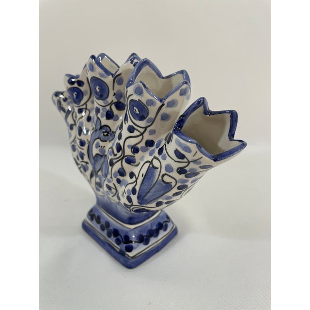 Mid 20th Century Mid 20th Century Blue and White Majolica Tulip Vase, Tulipiere For Sale - Image 5 of 13