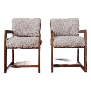Pair of Mid-Century Oak Armchairs in Cream Faux Shearling For Sale