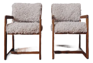 Pair of Mid-Century Oak Armchairs in Cream Faux Shearling