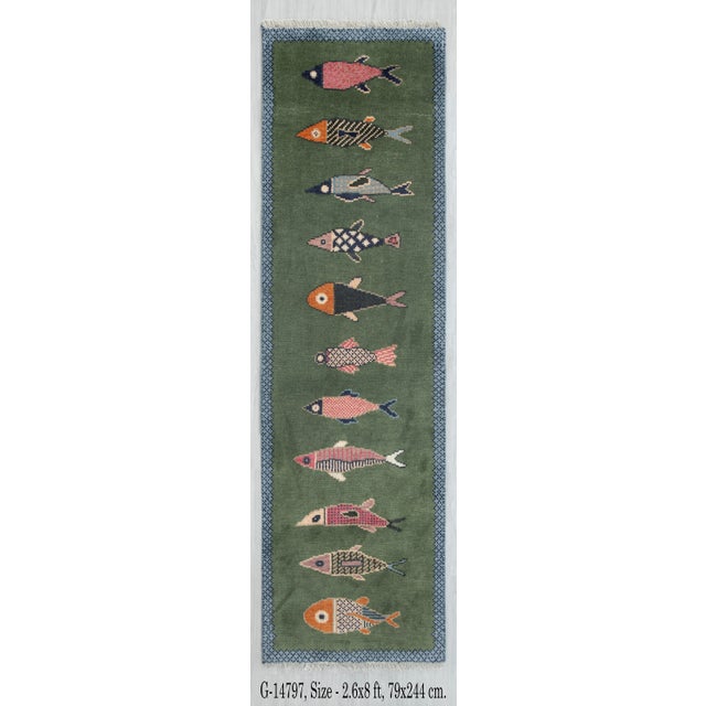 Koi Fish Olive Green Hand Knotted Runner Rug 2.6x8Ft. For Sale - Image 16 of 18