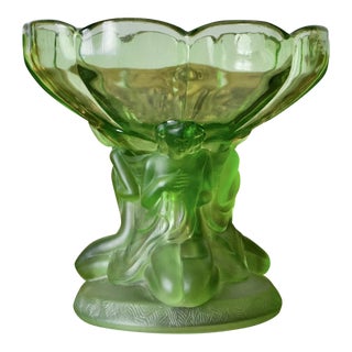 Art Deco Uranium Glass Figural Nude Ladies Compote – Frosted Uv Reactive Art Glass Sculpture For Sale