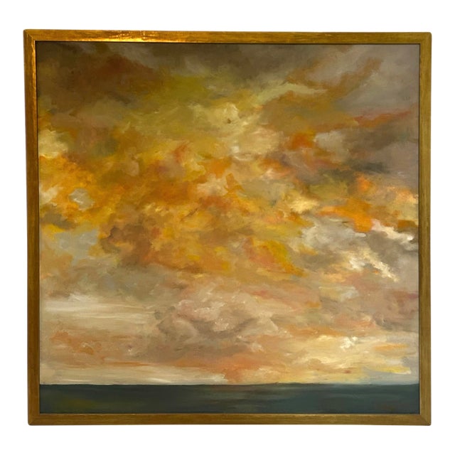 Elizabeth Berry Large Oil Painting of Orange and Yellow Storm Clouds at Sunset For Sale