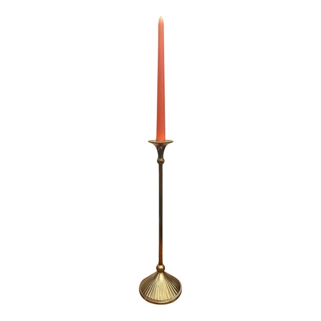 Vintage Solid Brass Taper Candlestick With Fluted Base, Mid-Century Modern For Sale