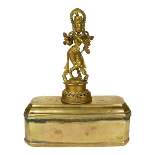 Early 20th Century Standing Bronze Lord Krishna Hindu Statue in Solid Brass Box For Sale