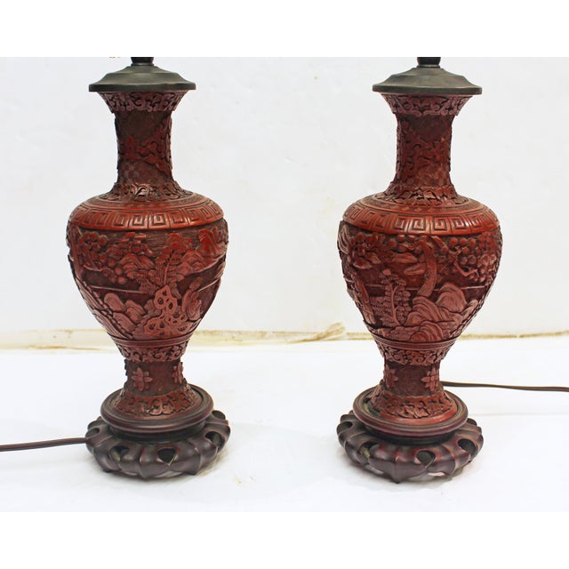 Likely 18th century pair of Chinese cinnabar vases mounted as lamps. Rare, deep color, Qing dynasty and typical of 18th...