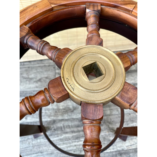 A Pair of Vintage Handcrafted Ship's Wheel Glass Top Side Tables. Circa 1970s For Sale - Image 16 of 18
