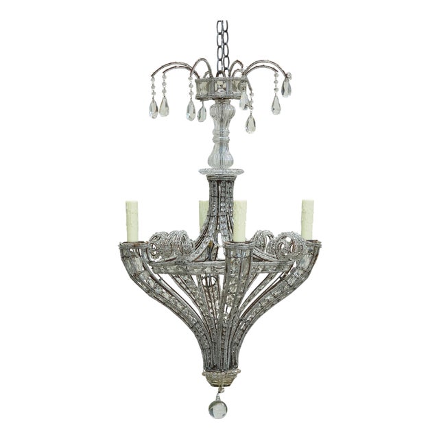 1920s French Four-Light Chandelier with Faceted Crystals and Beaded Strands For Sale