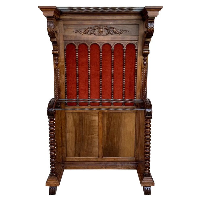 19th Large Carved Spanish Solid Walnut Hall Stand With Red Velvet Back For Sale - Image 10 of 10
