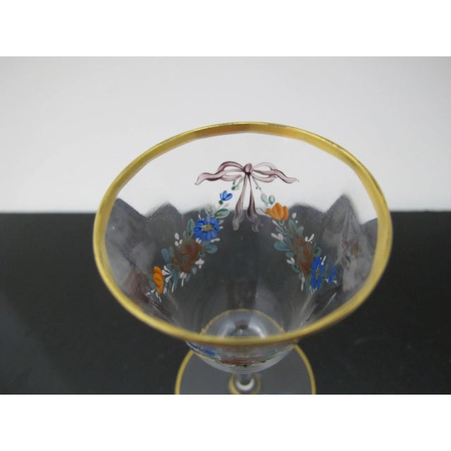 Early 20th Century Vintage Hand Painted Colorful Flower & Ribbon Bows Gold Trim Cordial Glass For Sale - Image 5 of 7