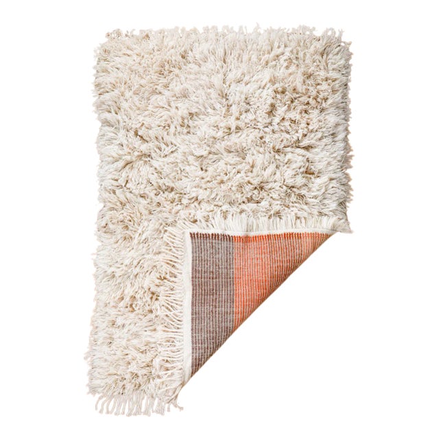 Hand-Knotted Reversible Natural White Shag Moroccan Wool Rug With Sunrise Stripe Back 5x8' For Sale
