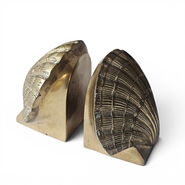Metal Vintage Hollywood Regency Solid Brass Scallop Shell Bookends - Pair For Sale - Image 7 of 9