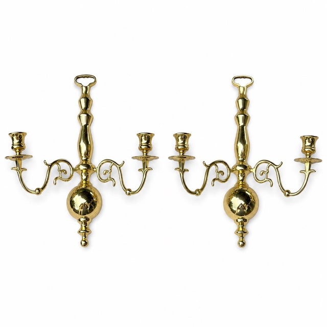 Brass Double Arm Wall Candle Sconces in Williamsburg Style - A Pair For Sale - Image 10 of 10