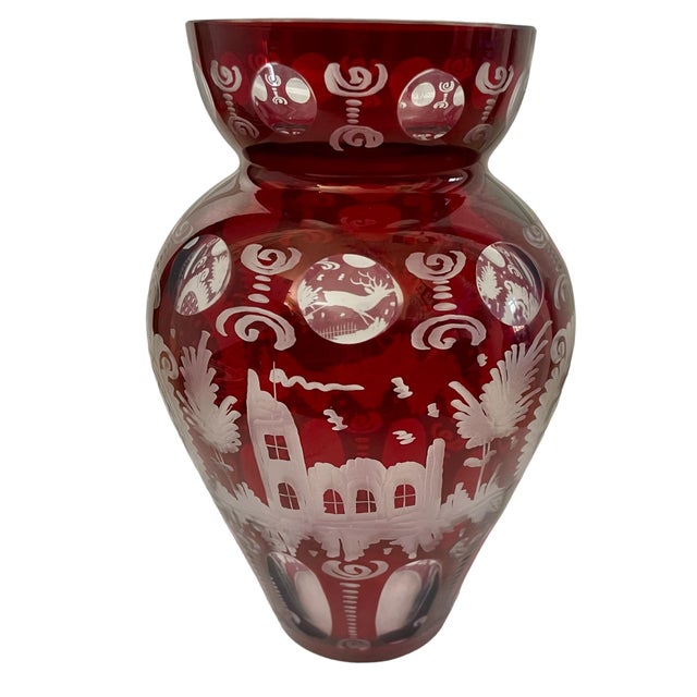 Rustic European Bohemian Egermann Cut to Clear Ruby Red Glass Vase. Stag, Forest, Castle For Sale - Image 3 of 6