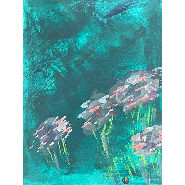 Abstract 1980s Abstract Florals in Green Grass by Elia in Silver Frame For Sale - Image 3 of 5