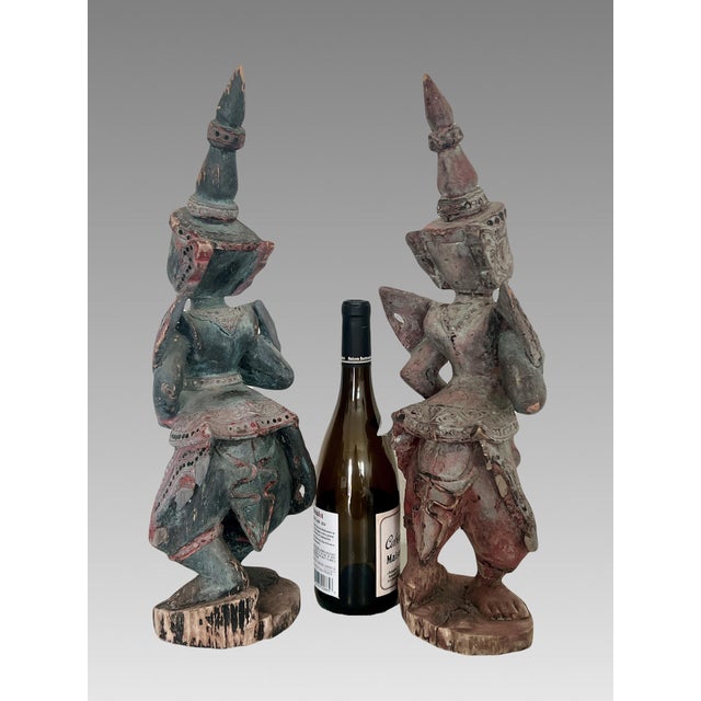 Antique Teppanom / Guardian Thai Angels, Carved Wood Statues or Figures - A Pair 18" For Sale - Image 9 of 11
