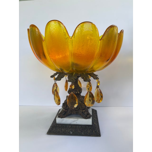Vintage Hollywood Regency Amber Glass Floral Centerpiece Bowl With Crystal Prisms & Marble Base For Sale - Image 9 of 12