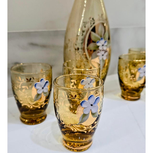 Vintage Italian Murano Tre Fuochi Amber Glass Decanter & 6 Cordial Glasses – 24k Gold Gilt, Hand-Painted High Enamel Flowers For Sale - Image 4 of 12