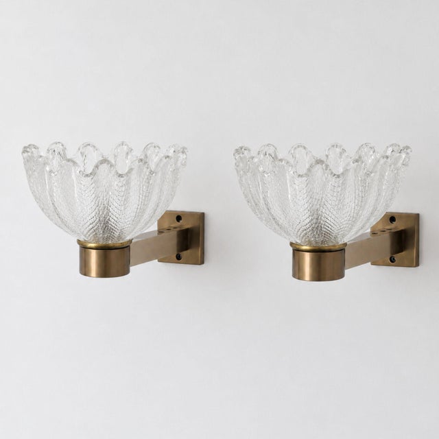 Wall Lamps in Satin Brass and Murano Glass from Barovier & Toso, 1950s, Set of 2 For Sale - Image 6 of 9