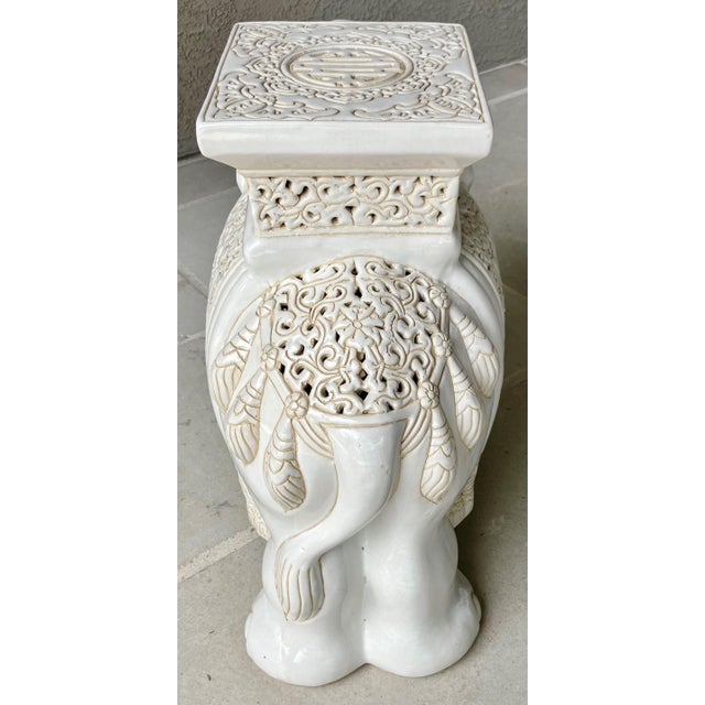 Boho Chic Circa 1970 Fabulous Linen-Hued Earthenware Elephant Garden Stool / Plant Stand For Sale - Image 3 of 18