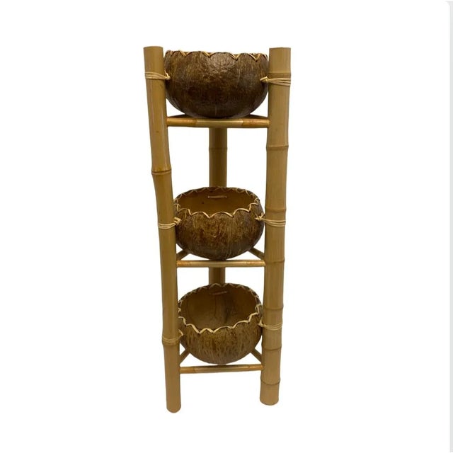 Shabby Chic Vintage 3-Tier Coconut Bowl & Bamboo Storage Basket For Sale - Image 3 of 7