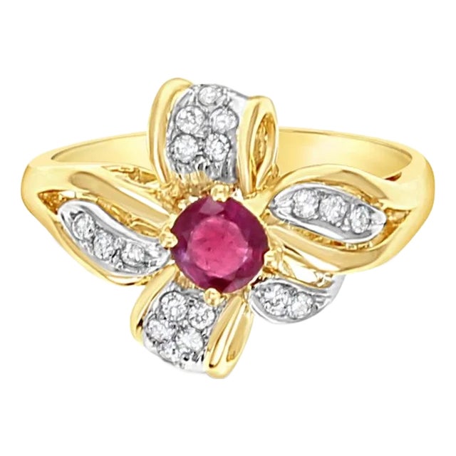 Flower Ruby Diamond Cocktail Ring .70cttw 14K Yellow Gold, Size 8 For Sale