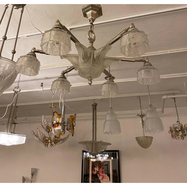 Metal French Art Deco Chandelier by Verrerie des Hanots For Sale - Image 7 of 9