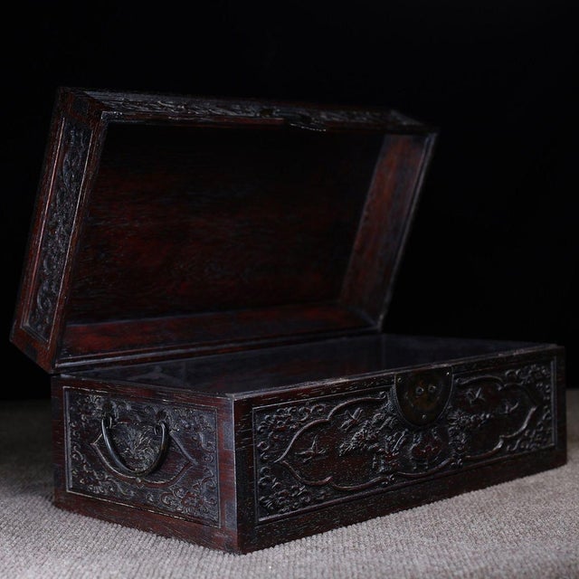 Chinese Zitan Wood Box Carved With Floral Motif For Sale - Image 3 of 10