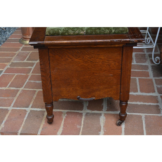 Cabin Antique English Oak Wood Commode Potty Chamber Pot Cupboard W/ Cushioned Top For Sale - Image 3 of 16