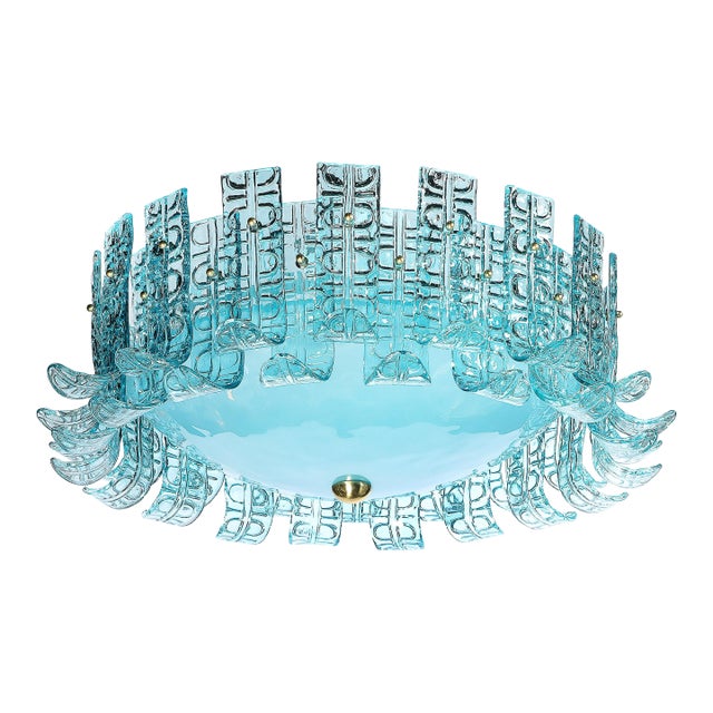 Modernist Hand-Blown Aquamarine Murano Glass Chandelier With Frosted Diffuser For Sale