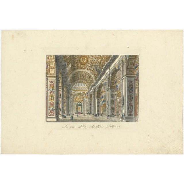 This richly detailed 19th-century hand-coloured engraving presents a magnificent interior view of St. Peter’s Basilica in...