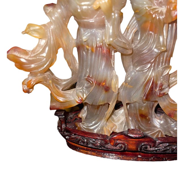 Chinese Mid 20th Century Chinese Carnelian Agate Sculpture of Two Immortal Maidens on Carved Stand For Sale - Image 3 of 6