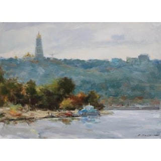 Antique River Landscape Oil Painting, Ukrainian Art, 1999 42-58 For Sale