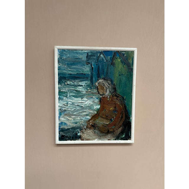 Original Scandinavian Oil on Canvas – “Figure by the Harbor” by Einar Emland – Signed – Vintage & Framed – 49 × 40.5 cm...
