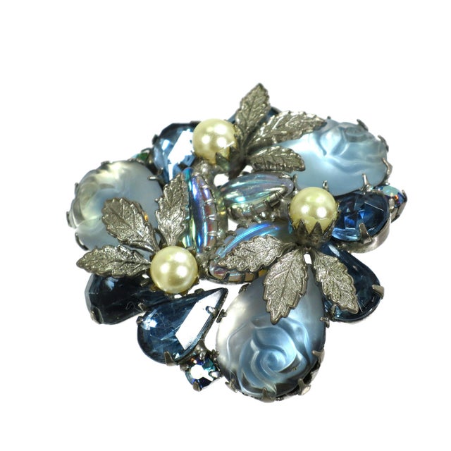 Vintage 1950s Blue Carved Art Glass Brooch For Sale - Image 4 of 6