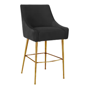 Beatrix Pleated Black Velvet Bar Stool with Gold Legs