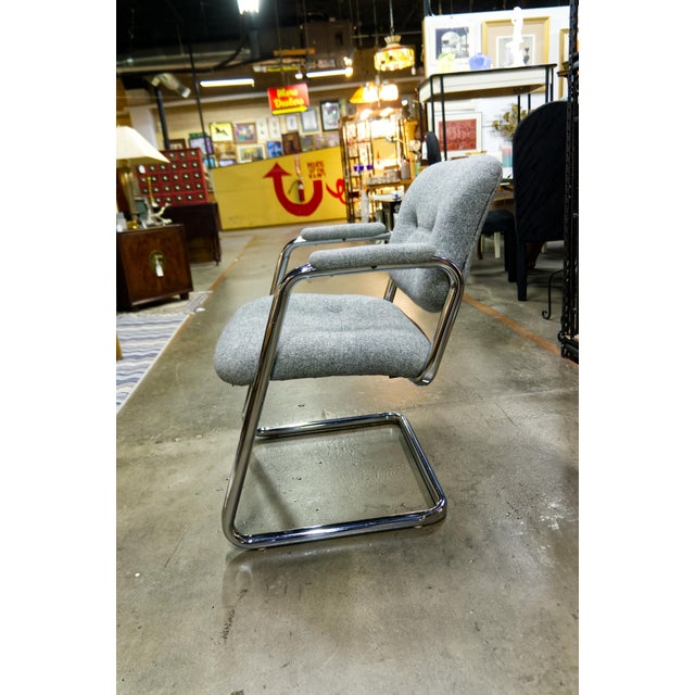 Modern Chrome Cantilever Armchairs With Gray Tufted Upholstery a Pair For Sale - Image 4 of 5