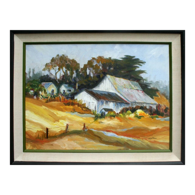Hillside Barn, Vintage 1970s California Farm Landscape by Faye Russo For Sale