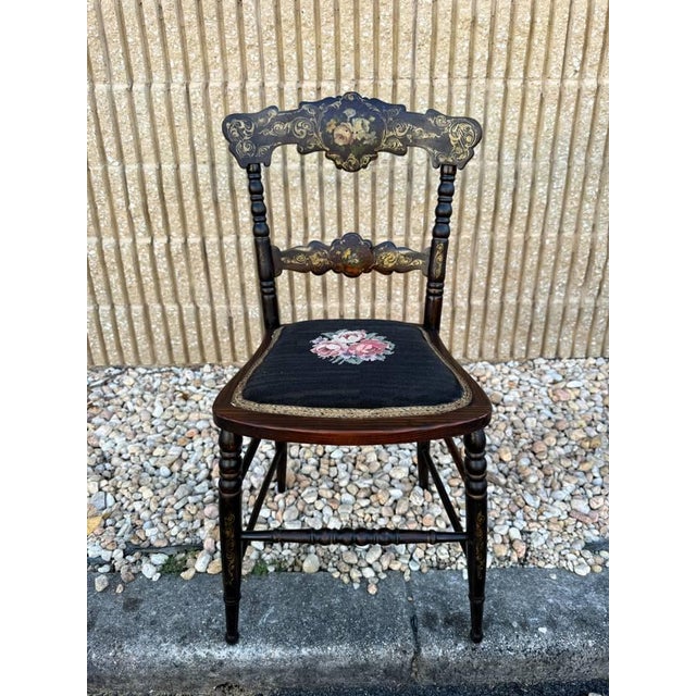 Antique Victorian Style Floral Decorated Grain Painted Side Chair. Turned legs with H stretcher base , black painted with...