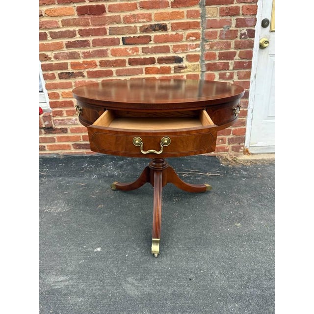 Wood Late 20th Century Baker Furniture Federal Style Inlaid Mahogany Two-Drawer Pedestal Base Drum Table Side Table For Sale - Image 7 of 17