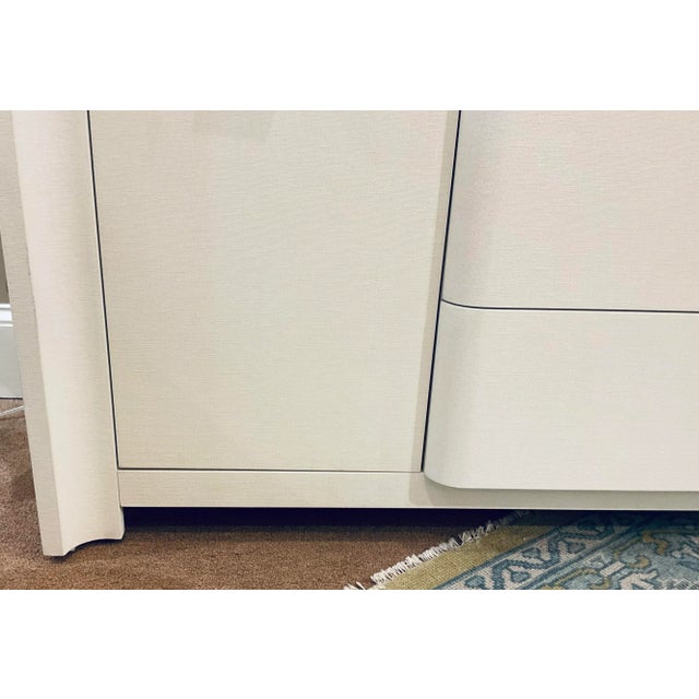 Original retail $6150, stylish Villa Home Modern Lacquered White Grasscloth Audrey Cabinet, three drawers, two doors, four...