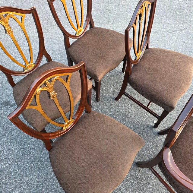 English Regency Revival Mahogany and Gilt Shield-Back Dining Chairs, Set of Five, Circa 1930 For Sale - Image 11 of 18