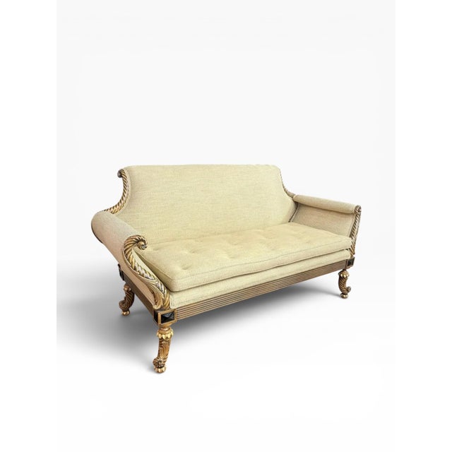 Vintage Carved Wood Settee With Gold Leaf Accents and Textured Upholstery For Sale - Image 4 of 11