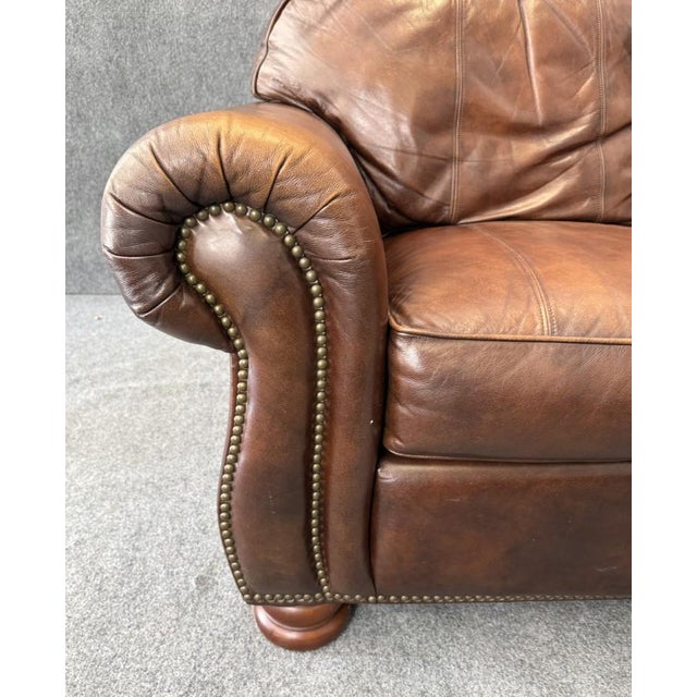 Animal Skin Thomasville Traditional Brown Leather Sofa For Sale - Image 7 of 18