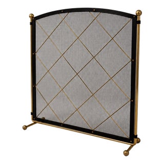 Vintage Brass and Black Metal Fireplace Screen with Geometric Lattice Design, 1940 For Sale