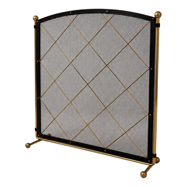 Vintage Brass and Black Metal Fireplace Screen with Geometric Lattice Design, 1940 For Sale