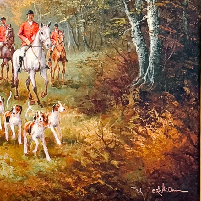 English Vintage Large Scale English School Equestrian Fox Hunt Oil Painting in Giltwood Frame, Signed For Sale - Image 3 of 10