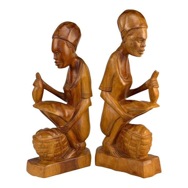 Vintage Large African Mahogany Figural Women Library Bookends - A Pair For Sale